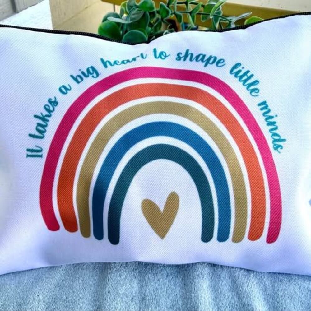 Teacher Rainbow Zipper Pouch Big Heart Shape Little Minds Makeup Pencil Bag